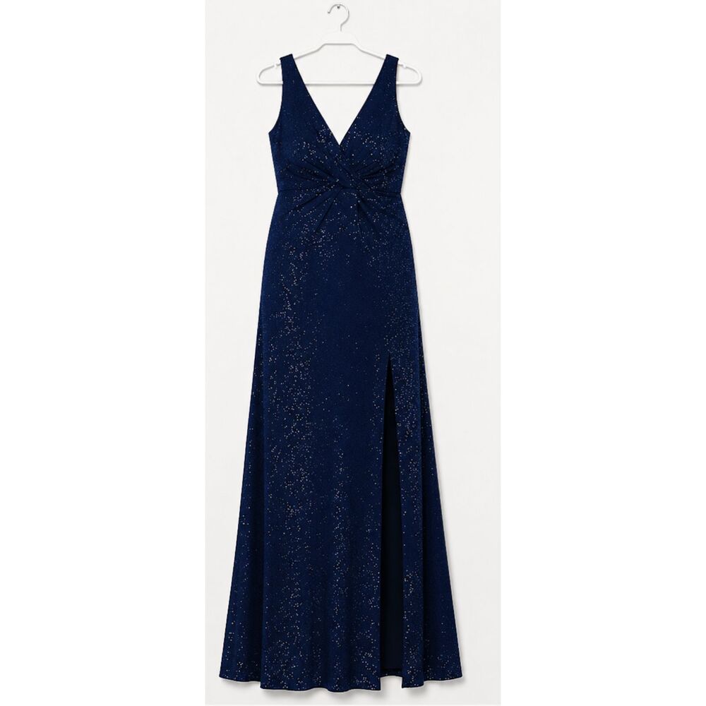 Ever-Pretty Ruched Plus Size V-Neck Glitter Long Party Dress Navy Size 22 EUC